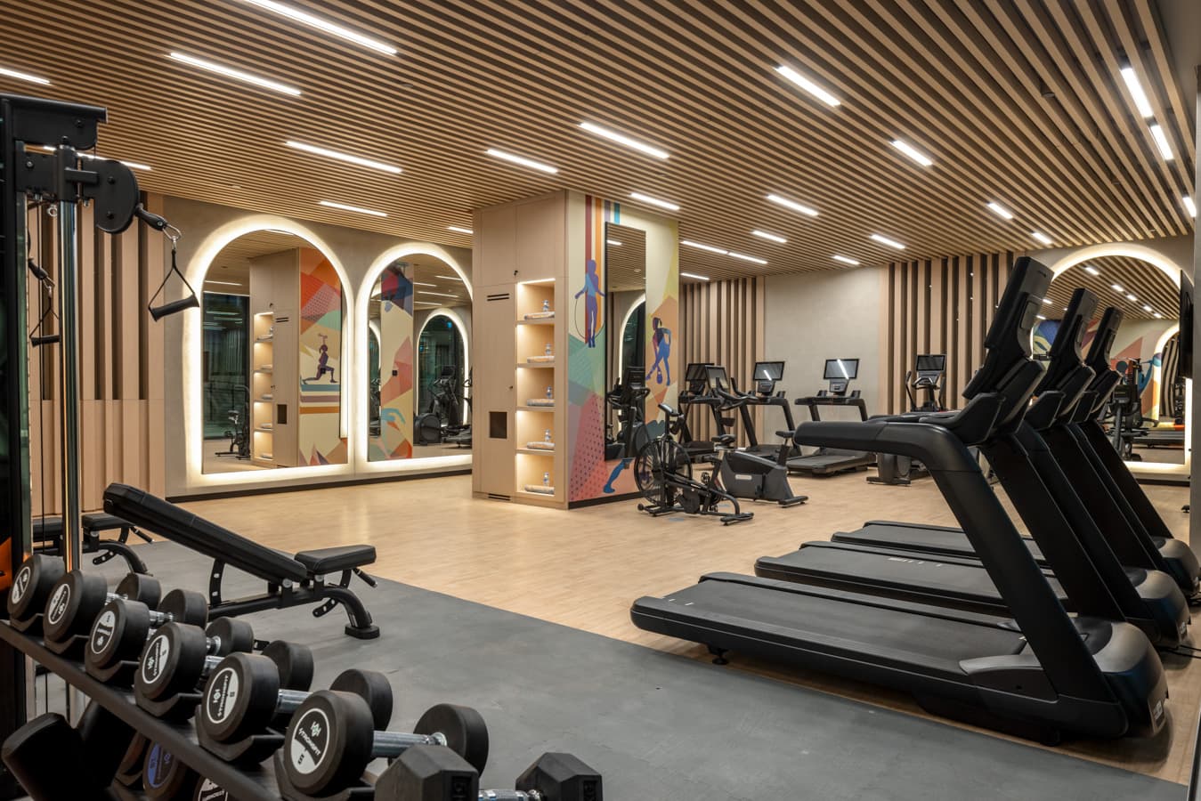 Free-weight rack and treadmills in the fitness centre at Hilton Istanbul Airport