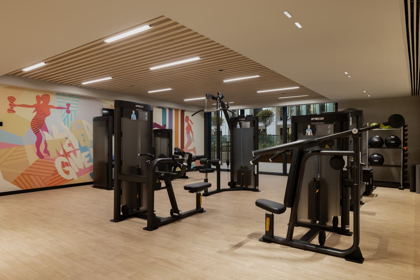 Fitness centre with strength machines, colourful mural and a wood-slat ceiling at Hilton Istanbul Airport