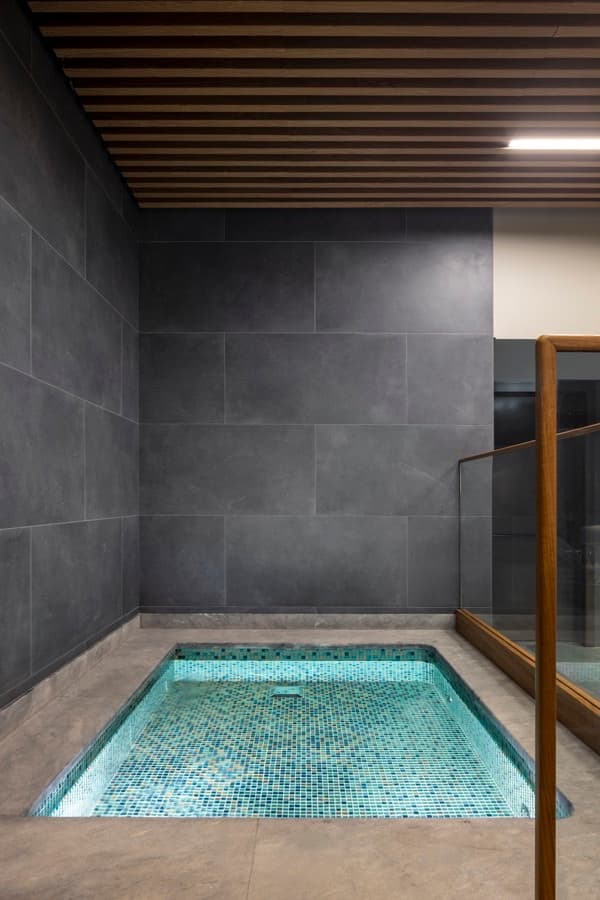 Plunge pool with a wooden handrail and stone surround