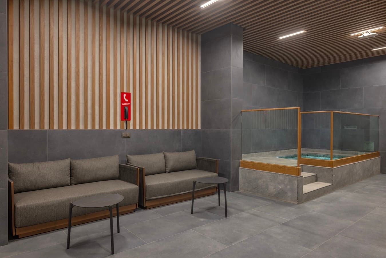 Lounge seating beside the plunge pool under a slatted oak ceiling